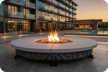 A round outdoor fire pit with a glowing fire in the center, set on a stone patio in front of a modern apartment building and pool at dusk.