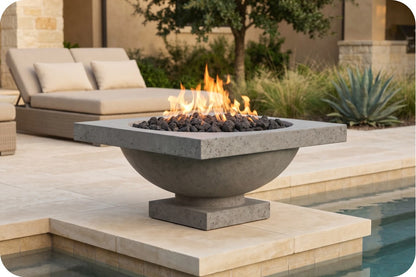 A square concrete fire pit table with a bowl-shaped base, filled with black river rocks and active orange flames, situated on a stone patio beside a swimming pool with a daybed in the background.