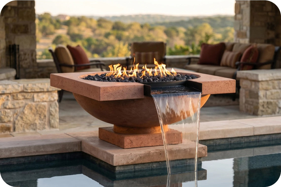 A freestanding round stone fire pit with black river rocks and visible flames, with a waterfall spout pouring water into a pool below. The fire pit sits on a patio beside a swimming pool, with outdoor seating and a softly blurred landscape in the background.