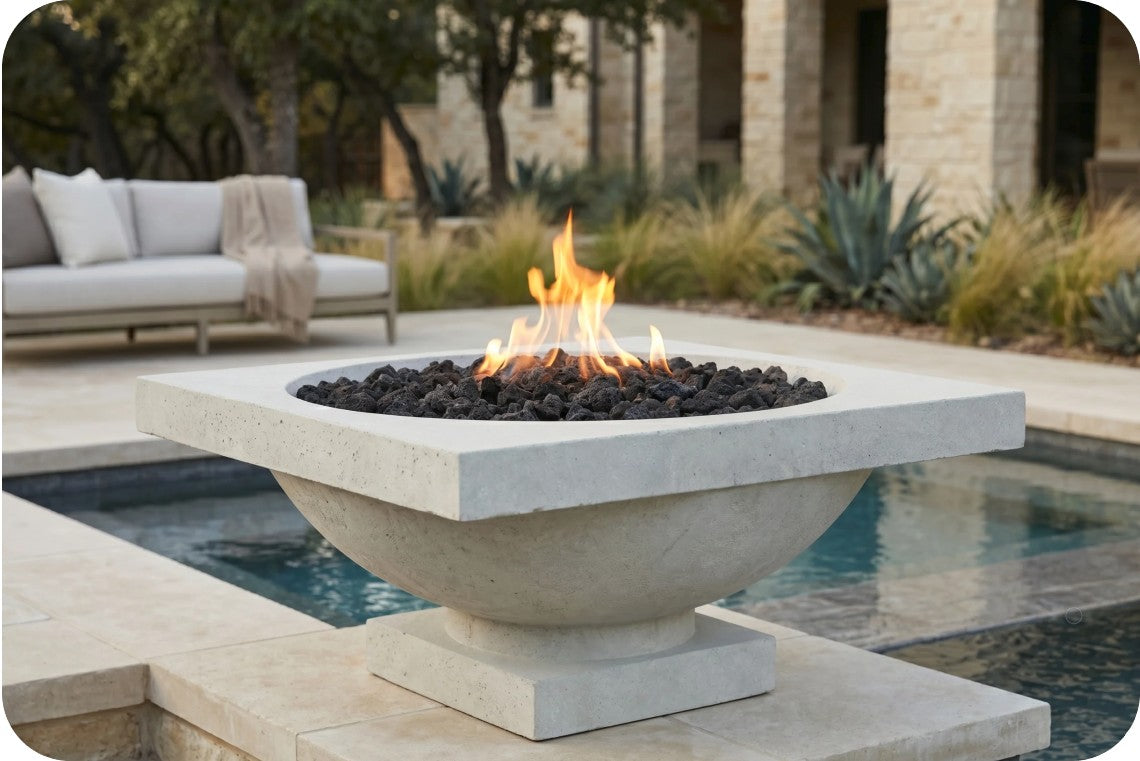 A square concrete fire pit table with a bowl-shaped base and active orange flames, filled with black lava rocks, situated next to a swimming pool in an outdoor patio setting.