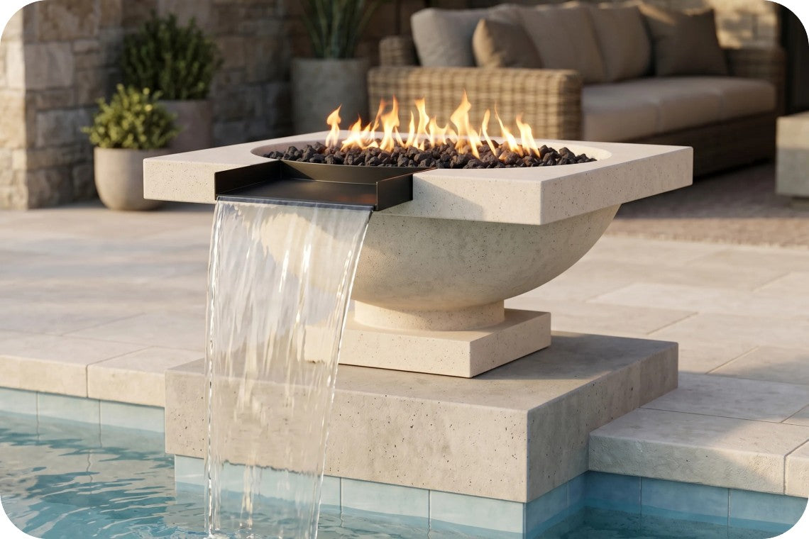A modern outdoor fire pit table with a stone bowl base, black fire basket, and flowing water feature spilling into a pool, set in a patio environment with a sofa in the background.
