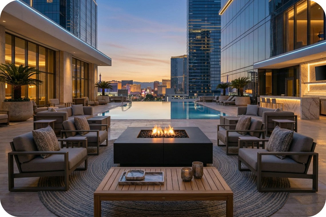 A luxury rooftop patio at dusk with a central black fire pit, surrounded by gray outdoor lounge chairs and a wooden coffee table. A rectangular infinity pool and modern glass buildings frame the scene, with a city skyline visible in the distance under a twilight sky.