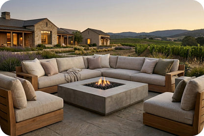 Outdoor patio seating set with a sectional sofa, two matching armchairs, and a square concrete fire pit table, arranged on a stone patio in front of a vineyard and stone building at sunset.