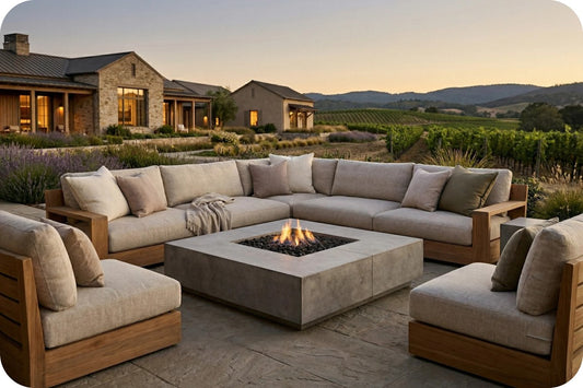 Outdoor patio seating set with a sectional sofa, two matching armchairs, and a square concrete fire pit table, arranged on a stone patio in front of a vineyard and stone building at sunset.