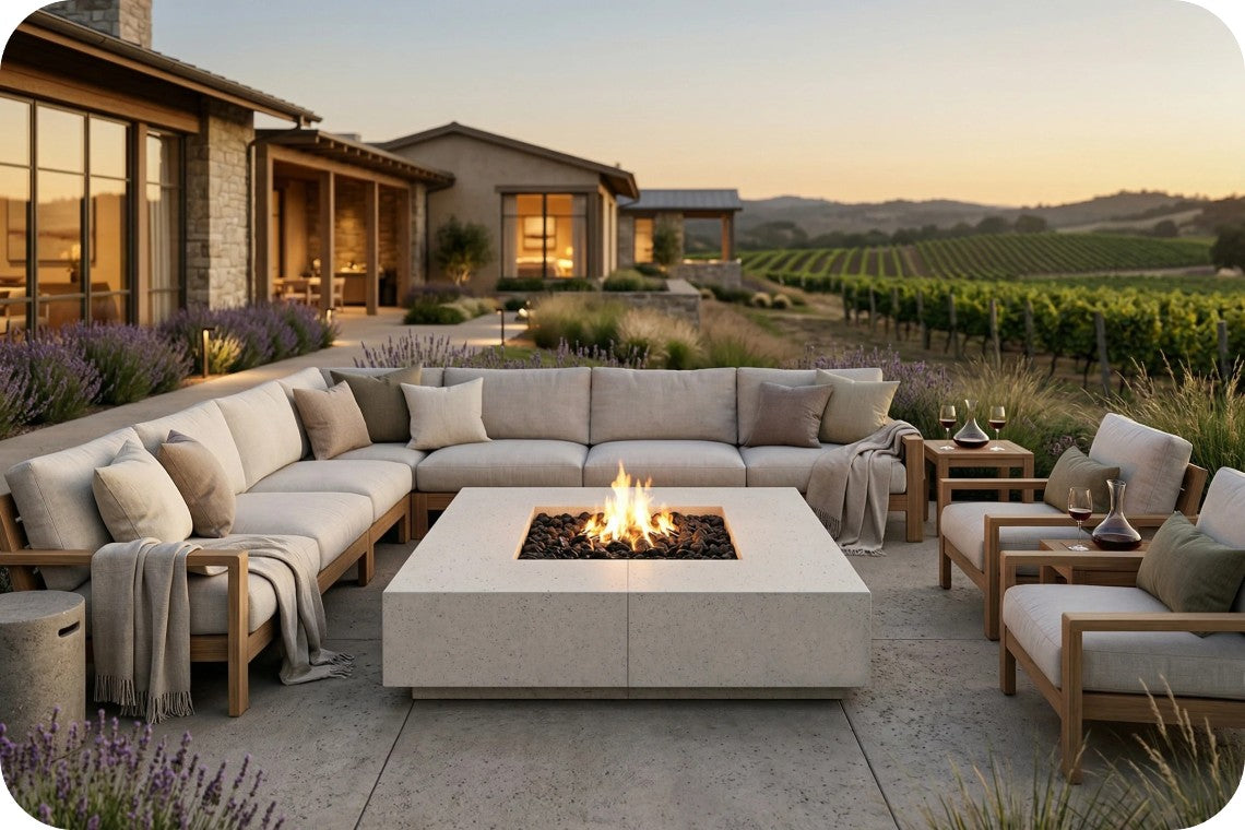 Outdoor patio furniture set arranged around a square fire pit table on a stone patio, with a modern house and vineyard visible in the background at sunset.