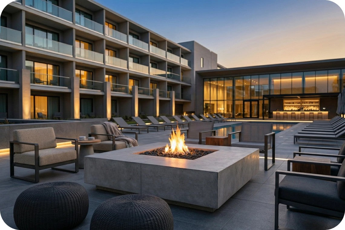 Modern outdoor patio area at dusk with a central concrete fire pit, lounge chairs, sectional seating, a pool, and a multi-story resort-style building in the background.