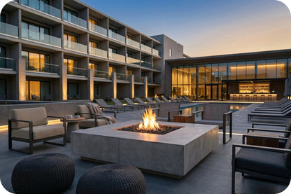 Modern outdoor patio area at dusk with a central concrete fire pit, lounge chairs, sectional seating, a pool, and a multi-story resort-style building in the background.