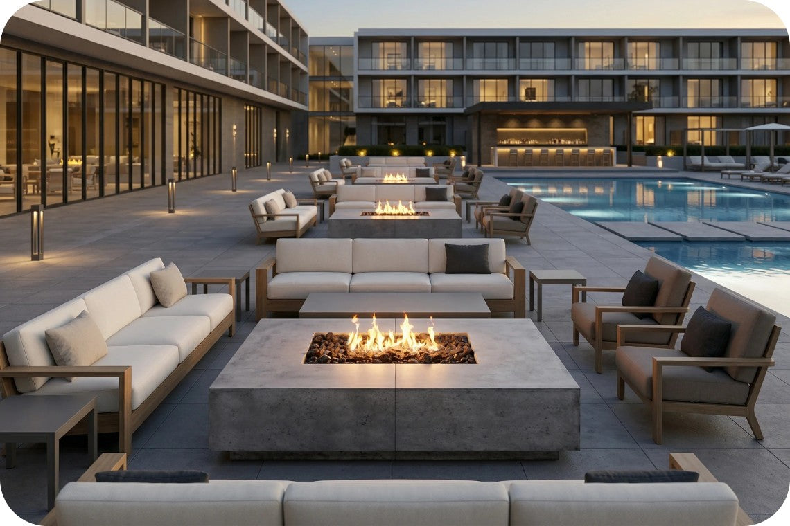 Modern outdoor patio furniture arrangement with multiple light beige sofas, wooden armchairs, and rectangular fire pits on a poolside deck at dusk.