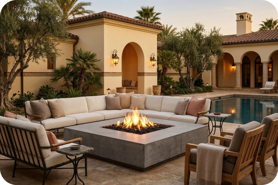 Outdoor patio furniture set with a large sectional sofa, two wooden armchairs, and a square concrete fire pit with a visible flame, arranged around a swimming pool in front of a Mediterranean-style villa at dusk.