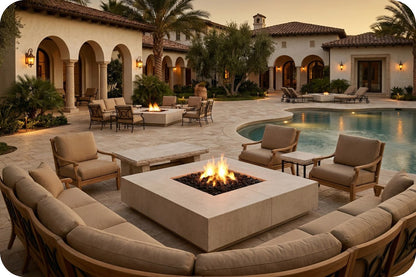 Outdoor patio furniture set with a central square fire pit surrounded by curved beige cushioned seating, shown in a luxurious villa courtyard with a swimming pool at dusk.