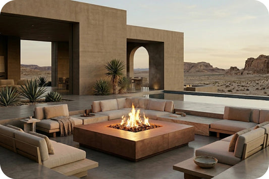 Modern outdoor patio furniture set in a desert landscape, featuring a central square fire pit with flames, surrounded by beige sectional sofas and a matching coffee table, with a minimalist concrete building and pool in the background.