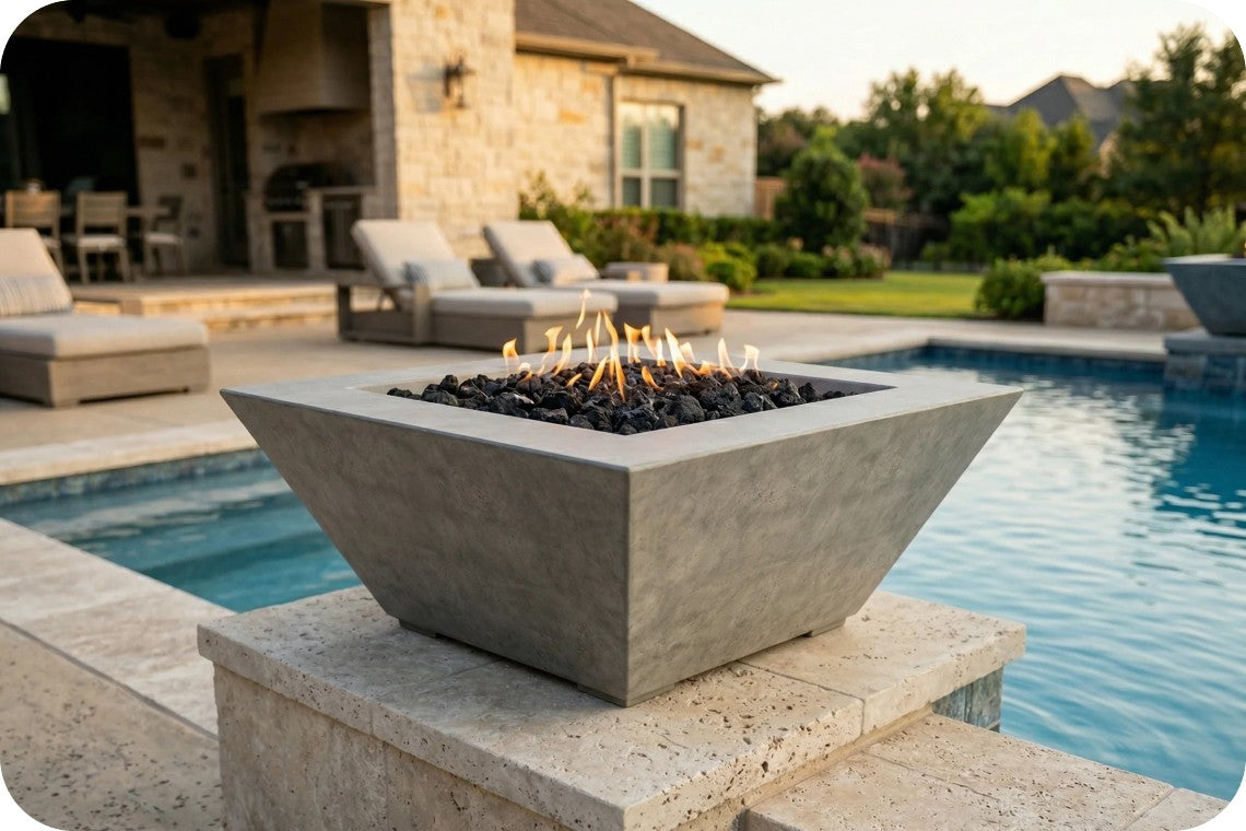 A modern square concrete fire pit with black river rocks and visible flames, set on a stone poolside riser in front of a swimming pool and outdoor patio.