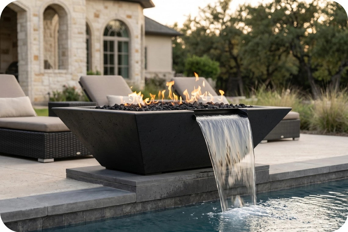 A modern black rectangular fire pit table with flowing flames and a waterfall spout into a pool, set on a patio in front of lounge chairs and a stone house at dusk.