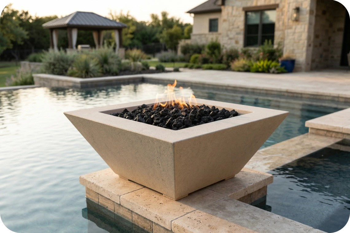 A square concrete fire pit table with a geometric design, filled with black fire rocks and a small flame, situated on a stone riser next to a swimming pool in a backyard setting.