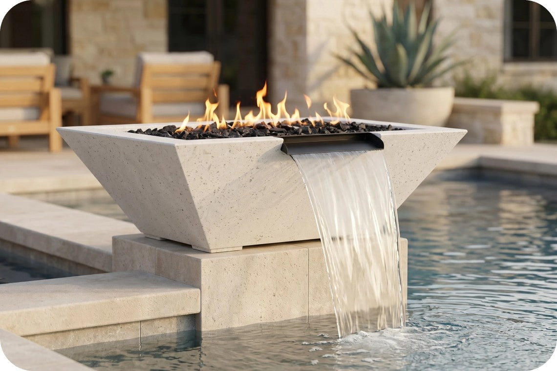A modern rectangular stone fire pit with a waterfall feature, filled with black river rocks and active flames, situated on a pool deck in an outdoor patio setting.