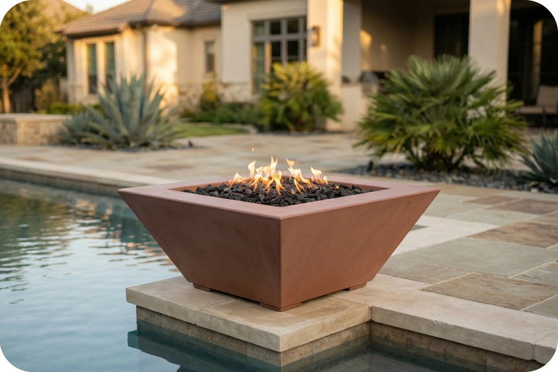 A modern square concrete fire pit with a terracotta finish, filled with black rocks and active flames, situated on a stone pool deck next to a swimming pool with a house in the background.