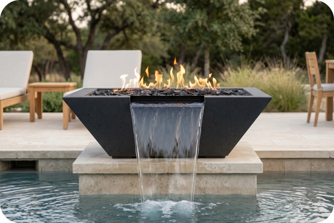 A modern black rectangular fire pit table with a waterfall design, set in a swimming pool with patio chairs and trees in the background.