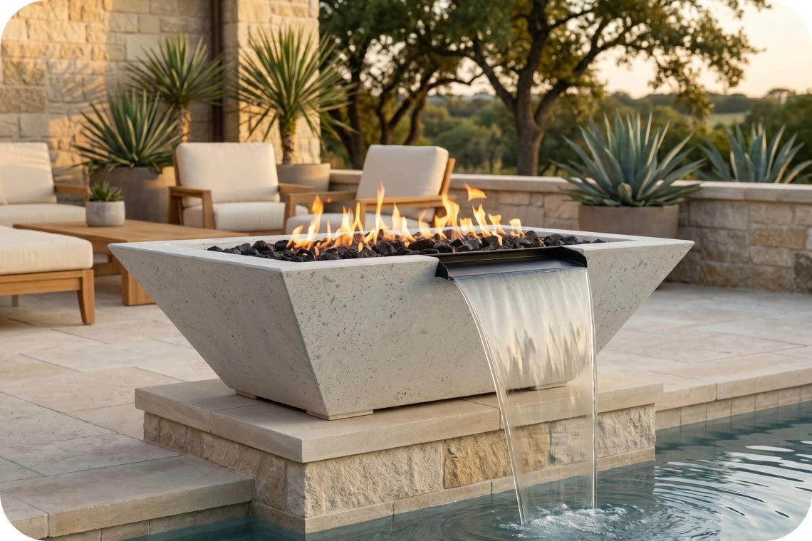 A modern concrete fire pit table with a waterfall feature, set on a stone patio beside a swimming pool with outdoor lounge chairs and plants in the background.