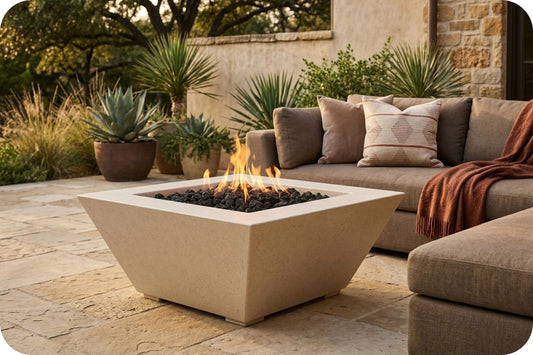 A modern square concrete fire pit table with a lit fire and black stones, set on a stone patio next to a beige sectional sofa with cushions and a throw blanket.