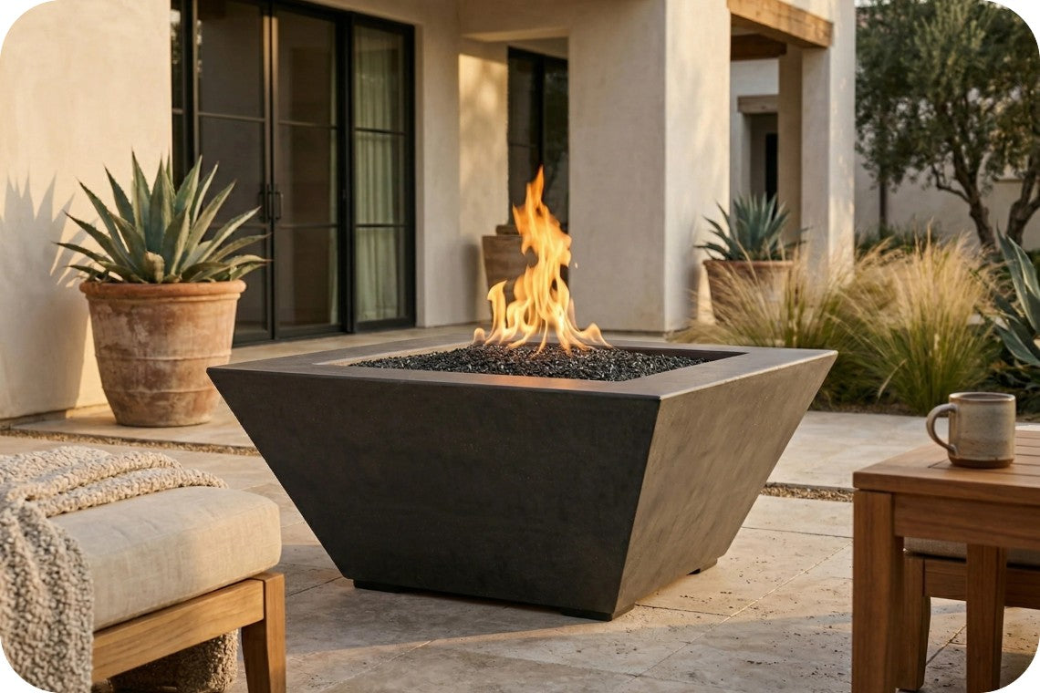 A modern square concrete fire pit table with a black fire glass liner and active flames, situated on a stone patio in front of a stucco house with potted plants.