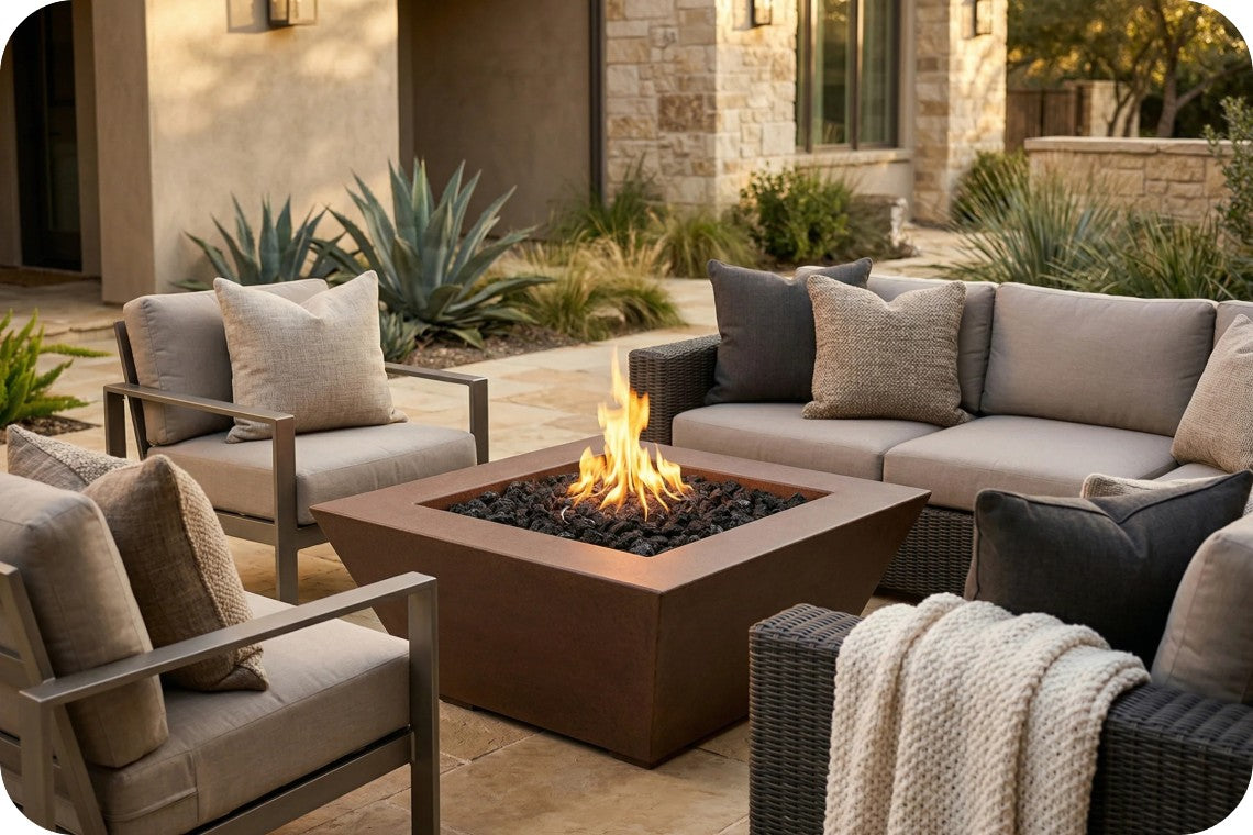 Outdoor patio furniture set with a square fire pit in the center, surrounded by beige and gray upholstered chairs and a sofa, with a real house and landscaping in the background.