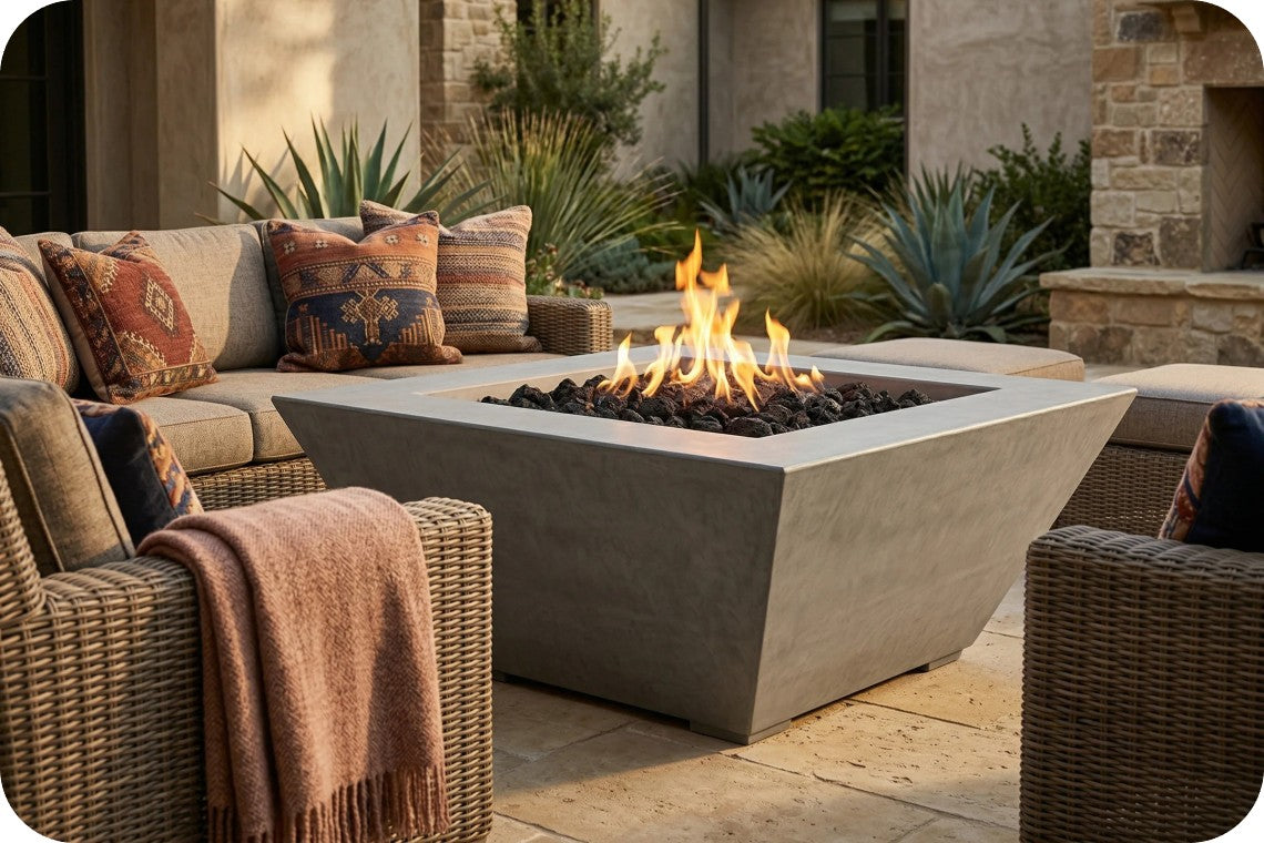 A modern concrete square fire pit table with active flames, set in an outdoor patio environment with wicker furniture and decorative pillows.