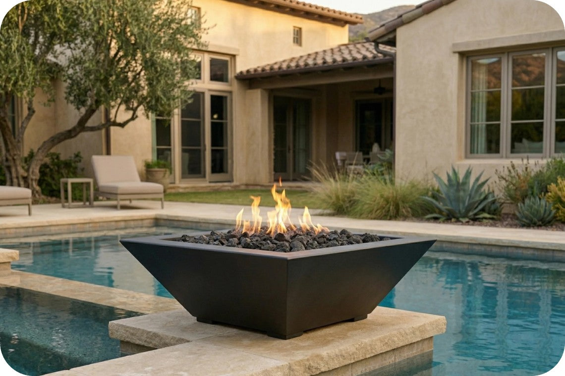 A modern square black fire pit table with active flames, filled with dark river rocks, situated on a stone ledge next to a swimming pool in front of a stucco house.