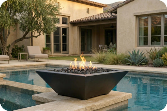 A modern square black fire pit table with active flames, filled with dark river rocks, situated on a stone ledge next to a swimming pool in front of a stucco house.