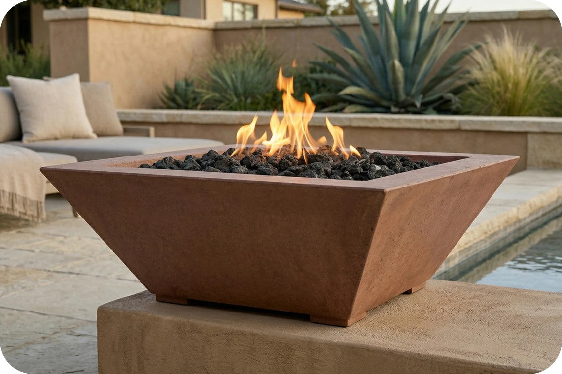 A square concrete fire pit table with a warm terracotta finish, filled with black river rocks and active orange flames, situated outdoors on a stone patio next to a pool with a modern garden background.