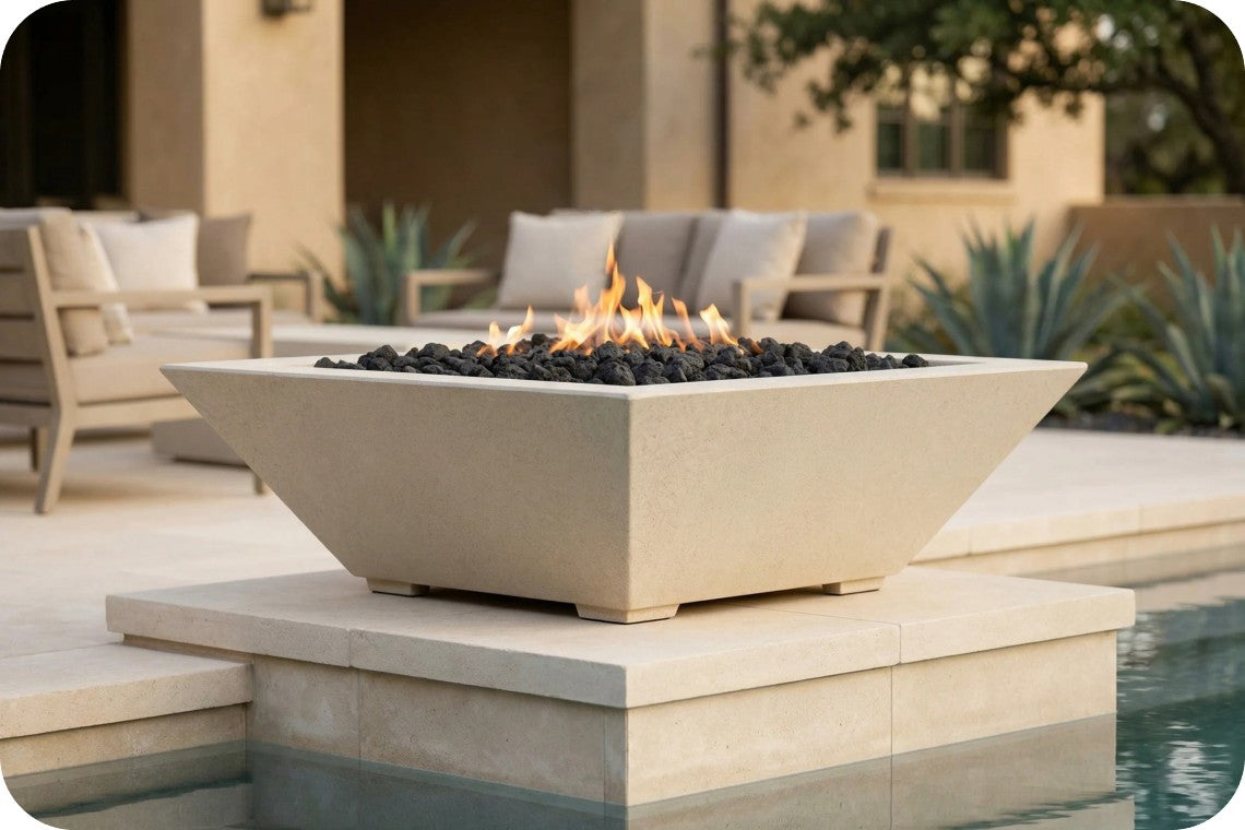 A modern square concrete fire pit table with black river rocks and active flames, set on a stone pedestal next to a swimming pool in an outdoor patio setting.