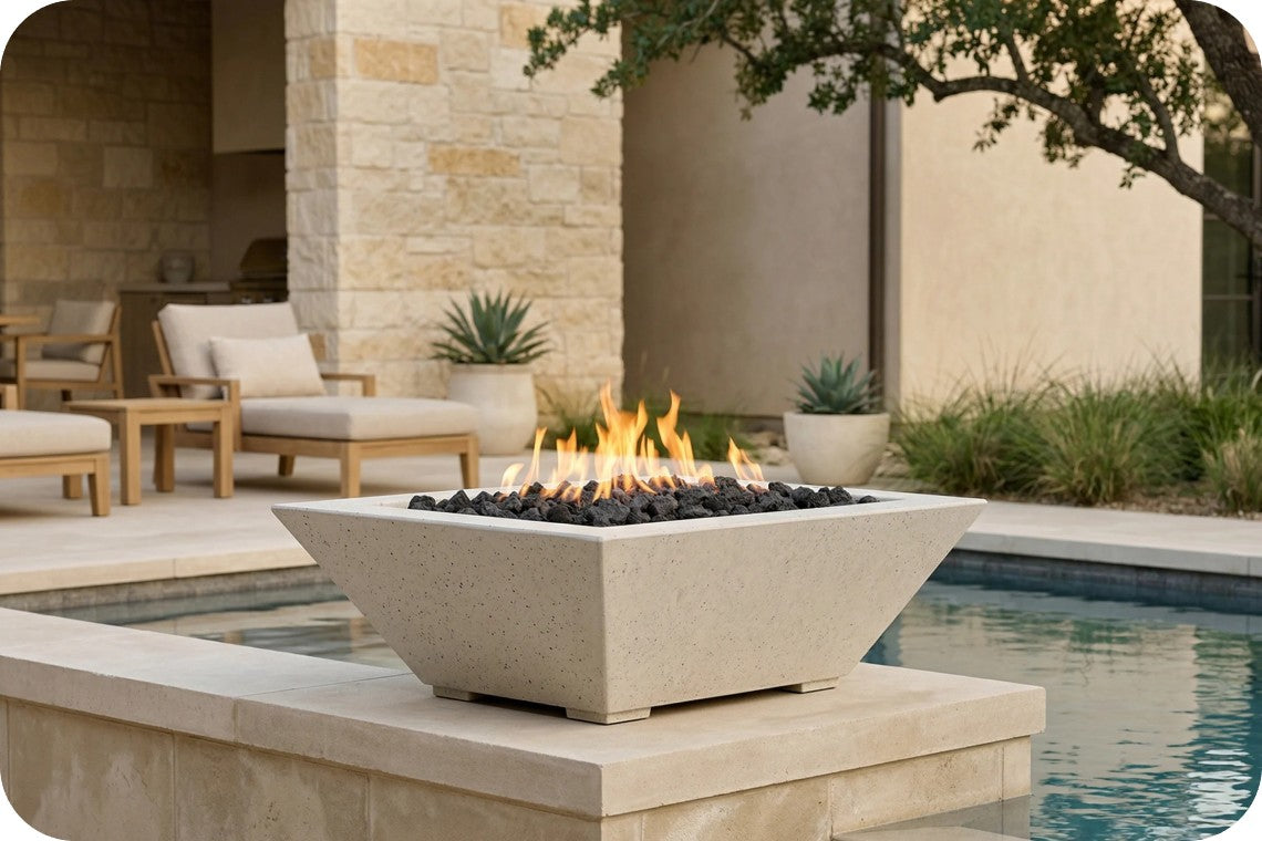 A modern square concrete fire pit table with black river rocks and visible flames, set on a stone patio beside a swimming pool in an outdoor patio setting.