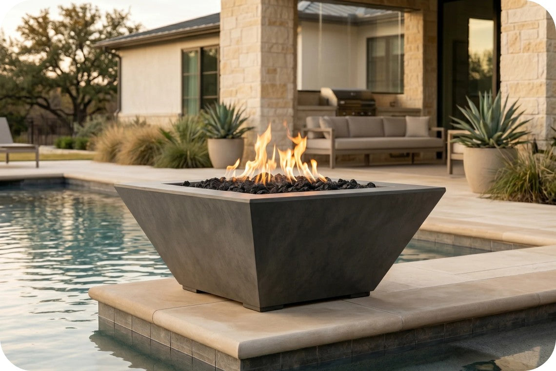 A modern square concrete fire pit with a geometric tapered design, filled with black stones and active orange flames, situated on a stone deck beside a swimming pool in front of a luxury house.