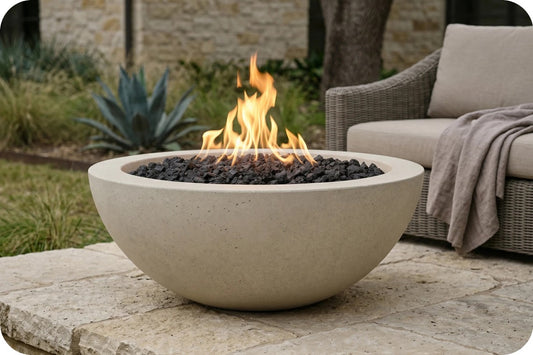 A round concrete fire pit bowl filled with black fire stones and active orange flames, set on a stone patio in an outdoor patio setting with a wicker sofa in the background.
