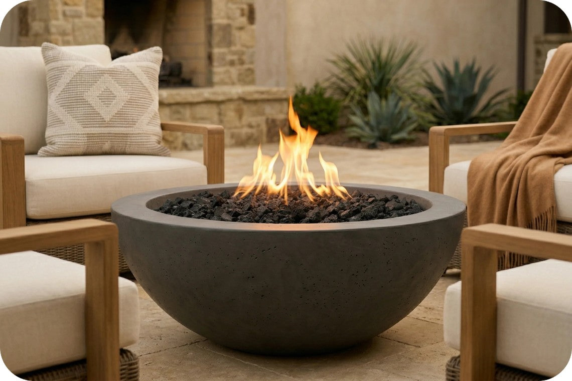 A round concrete fire pit bowl with black stones and active orange flames, placed in an outdoor patio setting between two light wood and cream lounge chairs.