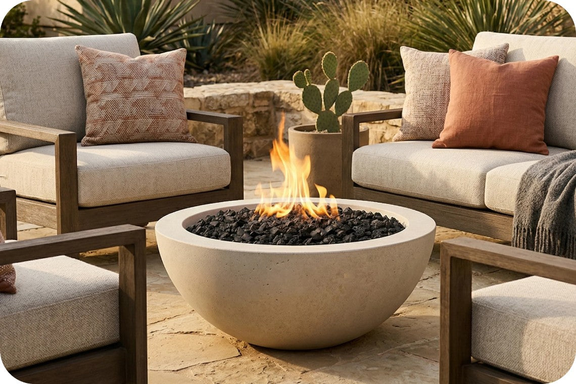 Outdoor patio conversation set with a round concrete fire pit bowl filled with black fire glass and active flames, surrounded by matching armchairs and a sofa with neutral cushions and accent pillows.