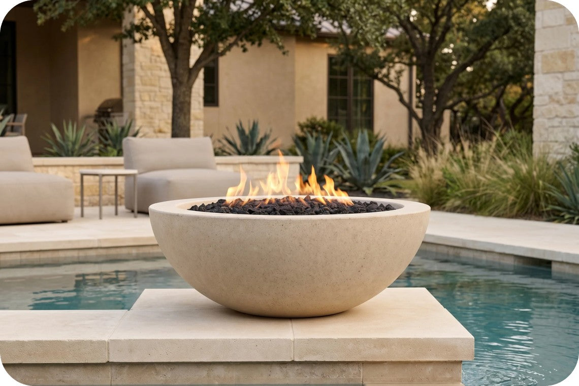 A round concrete fire pit bowl with a visible flame and black fire rocks, set on a stone riser beside a swimming pool in an outdoor patio setting.