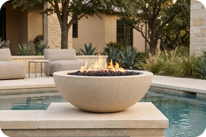 A round concrete fire pit bowl with a visible flame and black fire rocks, set on a stone riser beside a swimming pool in an outdoor patio setting.