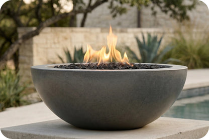 A round concrete fire pit bowl with active orange flames and dark lava rocks, set on a stone patio in an outdoor backyard environment with a pool and plants in the background.
