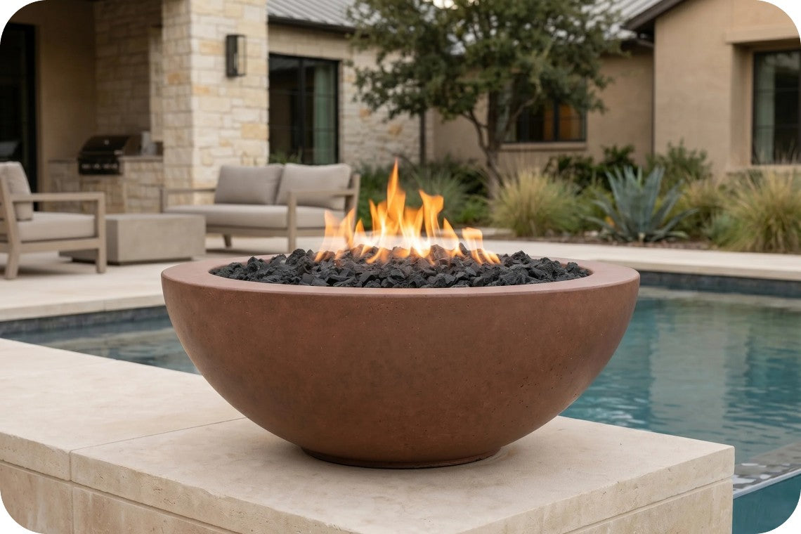 A round terracotta-colored outdoor fire pit bowl filled with black stones and active orange flames, set on a stone patio beside a swimming pool with a modern house in the background.