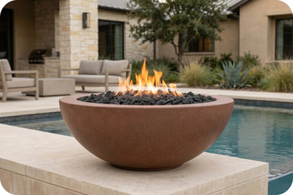 A round terracotta-colored outdoor fire pit bowl filled with black stones and active orange flames, set on a stone patio beside a swimming pool with a modern house in the background.