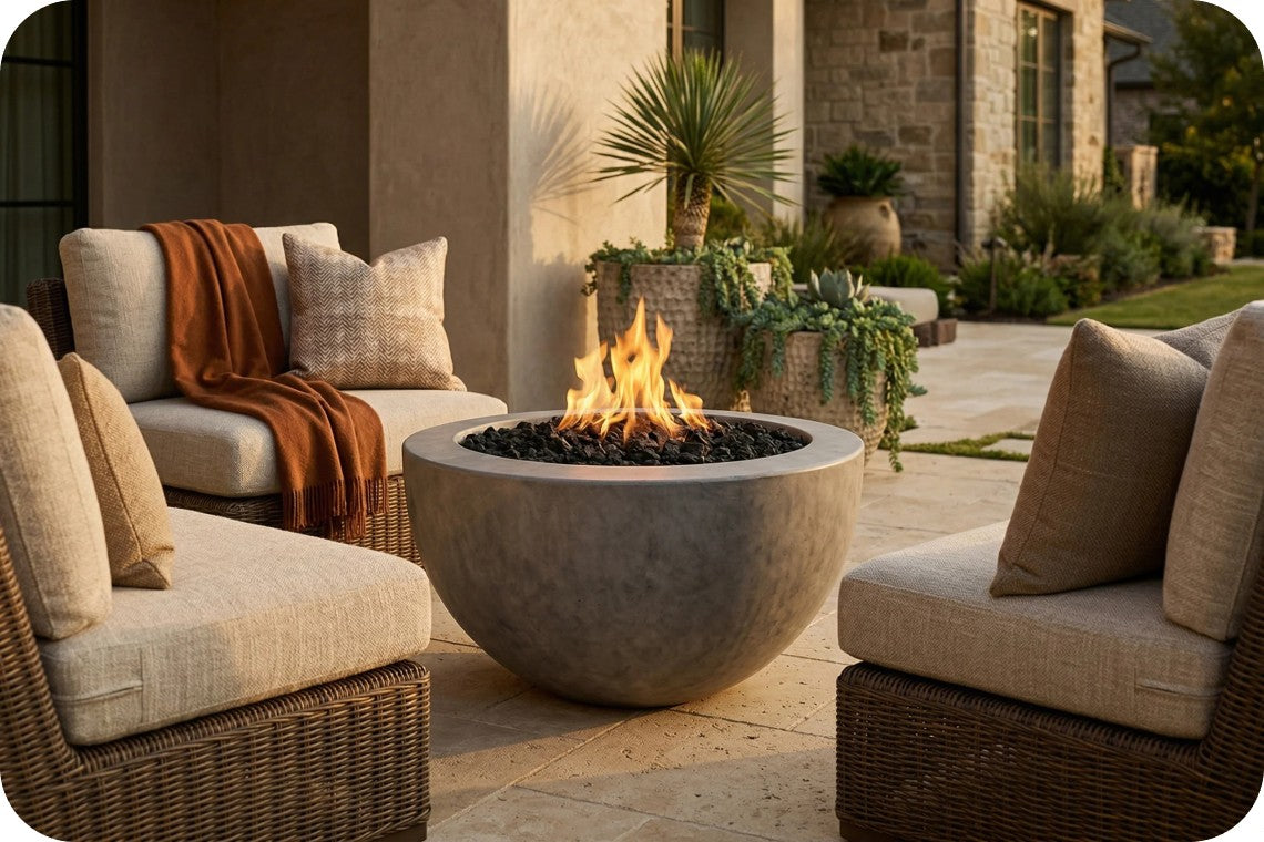 Outdoor patio scene with a round concrete fire pit bowl containing flames, surrounded by wicker armchairs with beige cushions and a rust-colored throw blanket. The setting is in front of a stucco and stone house with potted plants.