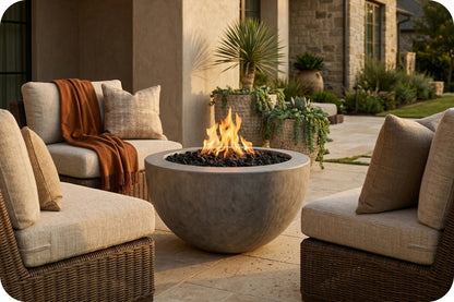 Outdoor patio scene with a round concrete fire pit bowl containing flames, surrounded by wicker armchairs with beige cushions and a rust-colored throw blanket. The setting is in front of a stucco and stone house with potted plants.
