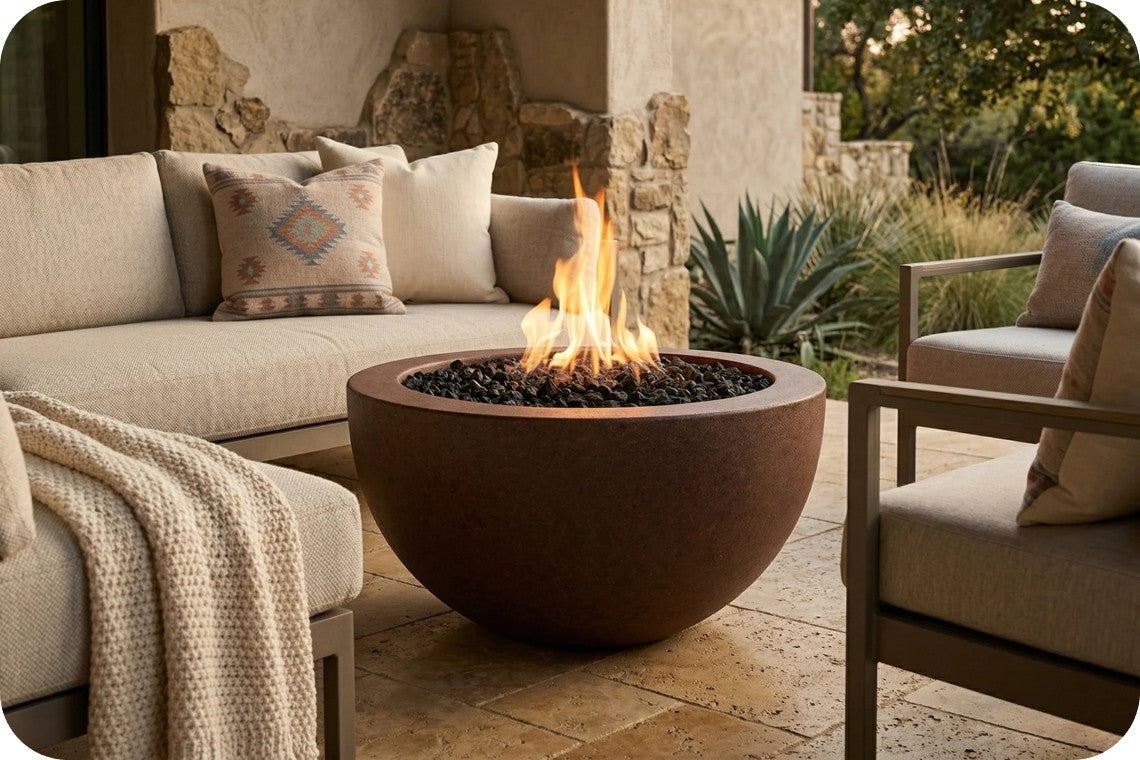 A round dark brown fire pit table with a glowing orange flame, set on a stone patio between beige outdoor sofas.