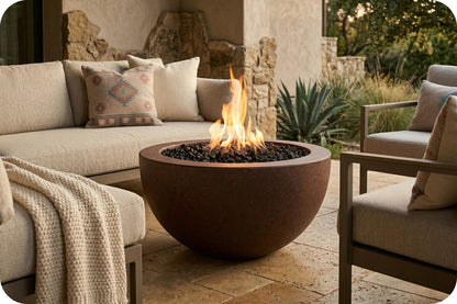 A round dark brown fire pit table with a glowing orange flame, set on a stone patio between beige outdoor sofas.