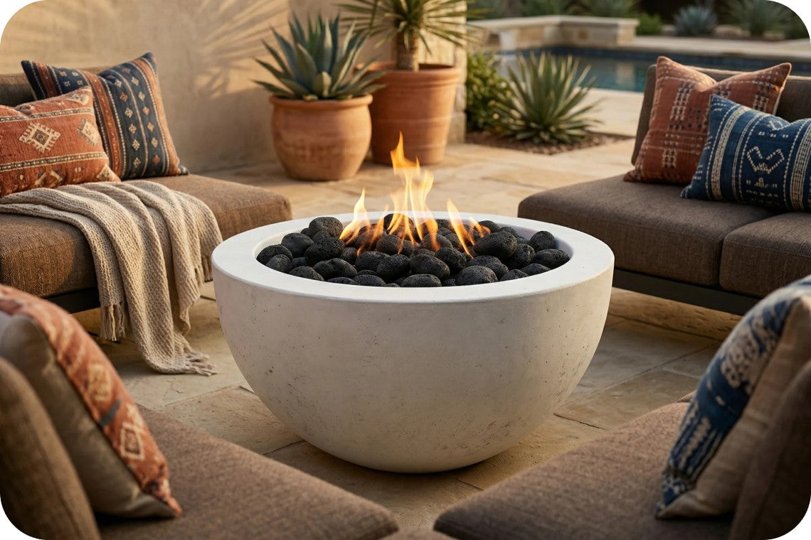 A round concrete fire pit with black stones and visible flames, placed outdoors between cushioned seating areas with patterned pillows and potted plants.