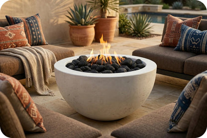 A round concrete fire pit with black stones and visible flames, placed outdoors between cushioned seating areas with patterned pillows and potted plants.