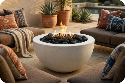 A round concrete fire pit with black stones and visible flames, placed outdoors between cushioned seating areas with patterned pillows and potted plants.