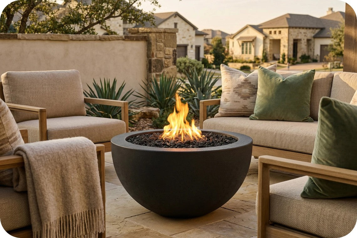 A round black outdoor fire pit with a glowing fire, set on a patio between beige patio chairs and a sofa with green pillows in a residential backyard setting.
