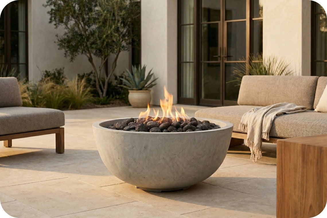 A round concrete fire pit with black stones and visible flames, placed on a light stone patio between modern beige outdoor sofas in a residential courtyard setting.