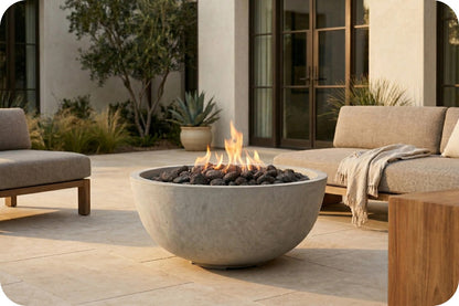A round concrete fire pit with black stones and visible flames, placed on a light stone patio between modern beige outdoor sofas in a residential courtyard setting.